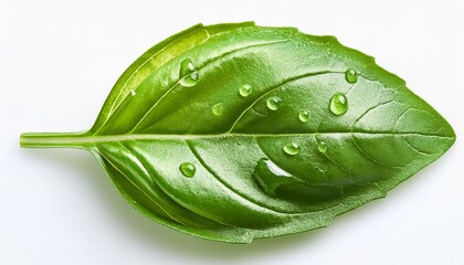 Macro fresh basil leaf: tiny water droplets glow. Vibrant green, dew-kissed texture. Herb, nature, culinary close-up.

