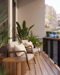 The armchairs and table place on the wooden floor balcony, with nature view and sunlight shine upon.