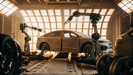 Obraz premium A futuristic vehicle inspection bay featuring advanced robotic arms scanning and analyzing every detail of a car, from the engine to wheels, with digital screens displaying real-time diagnostic data.