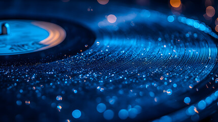 Vintage Vinyl: A close-up of a vinyl record, shimmering with water droplets, under a mesmerizing blue light, evokes a sense of nostalgia and the enduring power of music. 