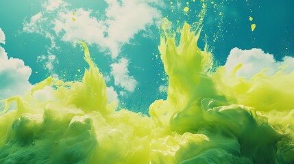 Bright lime green and electric blue sky, vibrant and bold with fluid textures