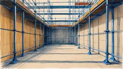 Sketch of scaffolding structure inside construction site. Blue metal frame with wooden planks. Walls of light brown and gray color.