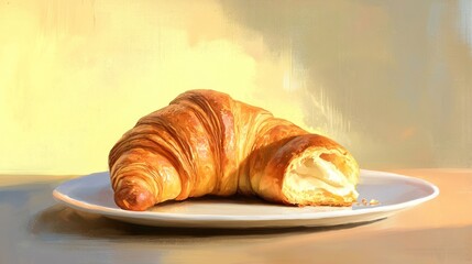 Buttery croissant on plate, partially eaten, showing creamy filling.