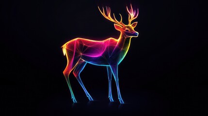 Rainbow deer, dark background, digital art, holiday card