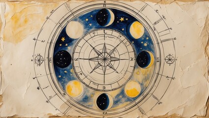 Old paper with moon phases drawing. Dark blue sky with yellow stars and white moon circle sketch. Ancient astrology chart with sun and zodiac signs on faded parchment.