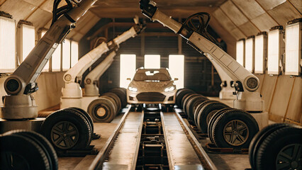 A futuristic vehicle inspection bay featuring advanced robotic arms scanning and analyzing every detail of a car, from the engine to wheels, with digital screens displaying real-time diagnostic data.