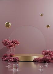 3D render of a pink podium with shimmering gold palm decorations, positioned against a rich pink backdrop, creating a glamorous setting for presentations or product showcases