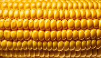 Corn kernel close-up: glossy, symmetrical yellow rows. Warm hues, perfect symmetry. Food detail, vibrant, golden.

