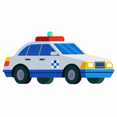 A cartoon illustration of a white and blue police car with a red and green light on top