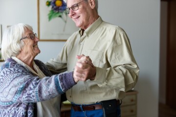 Fototapeta premium Elderly man and woman dancing joyfully indoors. Smiling seniors enjoying a dance. Happy elderly pair holding hands, sharing a joyful moment together. Elderly man and woman dancing together.