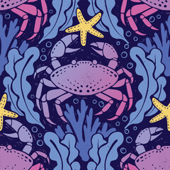 Vector Colorful ombre gradient Crabs, Starfish, Seaweed in Underwater Scene Seamless Pattern