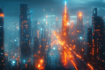 Fototapeta premium Futuristic city road at night with glowing lights and skyscrapers in foggy background