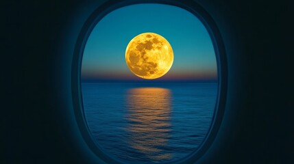 A full moon reflecting off a calm ocean, framed by the aircraft window 