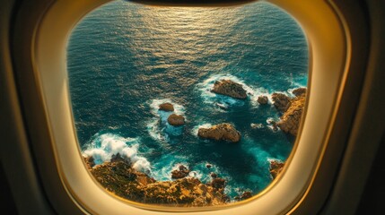 Fototapeta premium A glittering coastline with waves crashing against rocks, seen through an aircraft window 