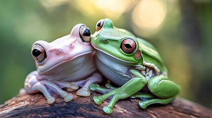 Naklejka premium Two frogs are sitting on a log, one is green and the other is pink
