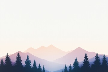 A vintage landscape poster featuring a serene mountain vista, with minimal trees framing the foreground in soft pastels.