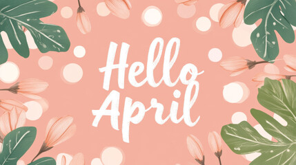Hello April text surrounded by tropical leaves and flowers, pink background