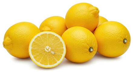 Pile of Fresh Yellow Lemons with Half Cut One on White