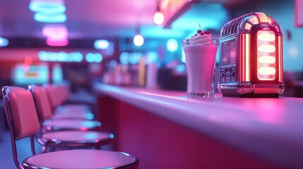 Neon Milkshake and Jukebox at Retro Diner Bar