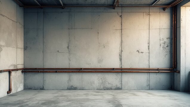 Empty room with grey wall and floor. Brown pipes are visible near ceiling and lower part of wall. Image generated by artificial intelligence.