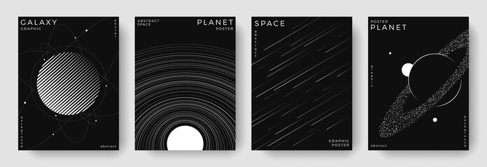 Set of abstract space astronomy backgrounds. Linear galaxy, meteorites, planet, solar system. Black and white science future concept. Outline minimal design for cover, poster, banner, flyer, brochure © Anastasiya Stoma