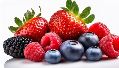 Macro fresh berry mix: strawberries, blueberries, raspberries, blackberries.  Vibrant colors, juicy texture.  Healthy food close-up, summer treat.