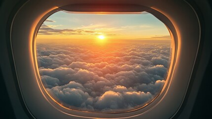 Obraz premium A passenger's perspective of fluffy cotton-like clouds glowing in golden sunset light 
