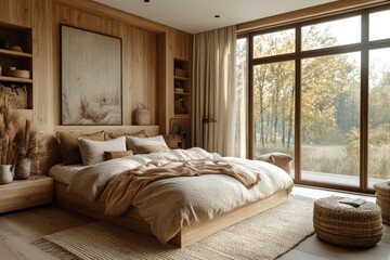 Cozy modern bedroom with wooden accents and outdoor view
