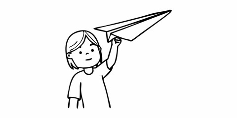  Black and white sketch of a girl launching a paper airplane into the sky, symbolizing dreams and aspirations. Great for educational blogs, creativity sites and motivational content.