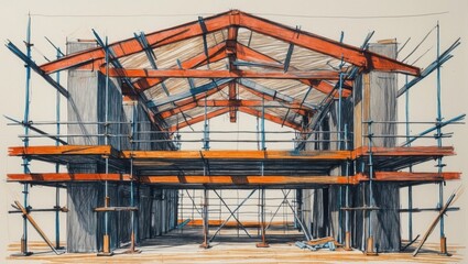 Building under construction sketch. Orange roof frame and grey concrete pillars with scaffolding. Blue metal bars support structure. Colorful drawing of construction site.