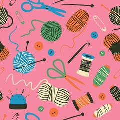 Sewing, knitting, crochet seamless pattern. Texture with hobby supplies. Thread, needle, scissors, yarn ball. Vector background for paper, wallpaper, textile, fabric. Handmade, handcraft, DIY concept