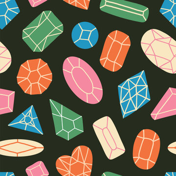 Jewelry, crystals seamless pattern. Different shapes pastel colorful jems and stones on black. Texture for textile, paper. Simple flat diamonds and minerals. Vector abstract geometric jewel elements