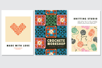 Knitting and crochete workshop advertising poster or web banner design templates. Art and creativity lessons, hobby master class, DIY, handcraft concept. Templates with flat vector illustrations