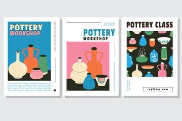 Pottery workshop advertising poster or web banner design template. Vases, plates, clay. Home decoration. Handmade lesson, ceramic studio, hobby master class, DIY, handcraft. Flat style vector