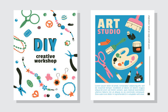 Art and creativity workshop advertising poster or web banner design templates. Drawing, painting, jewelry making tools. Handmade lesson, hobby master class, DIY, handcraft concept. Flat vector