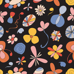 Flower graphic seamless pattern. Cute primitive naive style. Textile design with colorful outline floral elements on black. Botany blooming spring, summer texture. Hand drawn plants. Vector surface