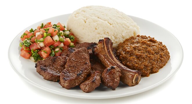 A Tanzanian plate of nyama choma (grilled meat) with ugali and kachumbari salad, on white.