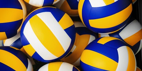 Volleyball background. Volleyballs with blue, yellow, and white patterns. Volleyballs stacked...