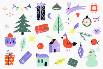 Winter holidays set. Christmas and New Year cute hand drawn elements, objects and symbols: pine tree, gift, garland, snowman, snowflakes, confetti. Flat doodle vector seasonal illustration for decorat