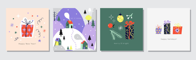 Fototapeta premium Merry Christmas and Happy New Year Set of square greeting cards, posters, covers with text. Winter party decoration. Simple naive hand drawn cartoon design. Flat vector illustration 