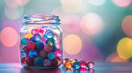 Colorful marbles in a glass jar against a bokeh background.
