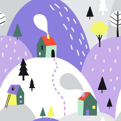 Cartoon winter village seamless pattern with cute houses, trees, snowflakes, heels. Snowy stylized doodle landscape. Vector flat texture for textile, paper, New Year or Christmas decoration