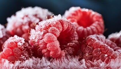 Extreme macro crushed frozen raspberries: sparkling sugar crystals.  Icy texture, vibrant red.  Dessert close-up, frosty beauty.

