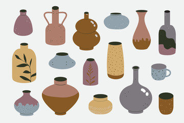 Pottery set. Various ceramic Vases. Boho minimalist style home decoration. Different shapes hand drawn earthenware bowls, mugs and jugs.  Flat vector illustration isolated on white. Handcraft concept