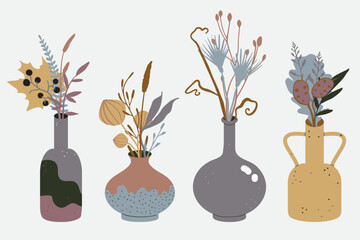 Winter bohemian bouquets: Collection of botanical compositions in vases. Trendy dried wild grass, flowers, leaves, plants. Hand drawn flat illustration. Elegant boho interior floral decor