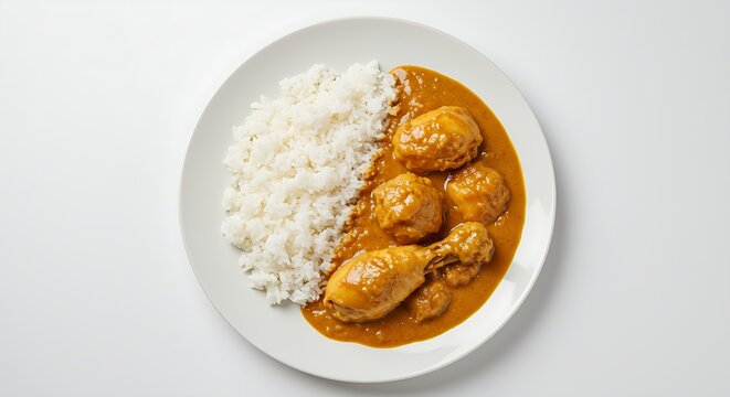 A plate of Malian maf&eacute;, peanut butter stew with rice, presented on a white background.