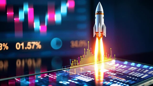 Startup business concept illustrated by rocket taking launching from showing stock market data the trading laptop screen with an upward right financial graphic video 4k