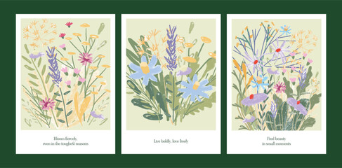 Floral Greeting Card Templates with Motivational Phrases. Hand-Drawn Wildflowers in Pastel Colors. Elegant Botanical Frames. Design for Mother's Day, Birthday, Easter. Vector Illustration.