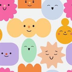 Fototapeta premium Seamless pattern with abstract geometric characters. Different emotions and feelings. Cartoon cute comic shapes with face expressions. Texture with childish flat vector illustrations on black