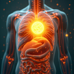 a rising sun inside a transparent human torso symbolizing energy renewal
